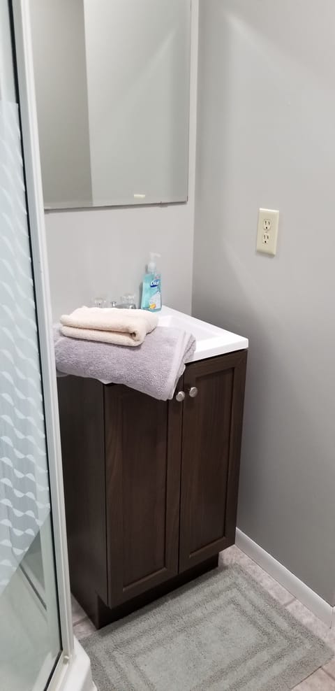 Combined shower/tub, hair dryer, towels, soap