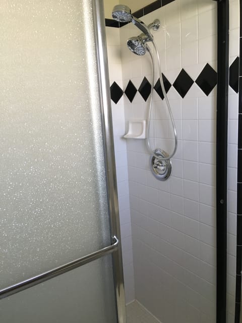 Hand-held shower in small bathroom in master bedroom
