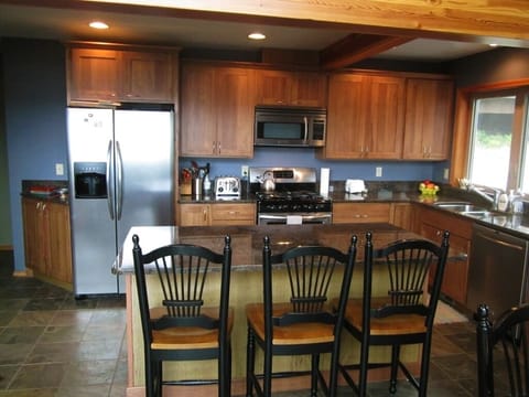 5-burner gas range, 4-slice toaster, side-by-side fridge w/ice-maker/dispenser