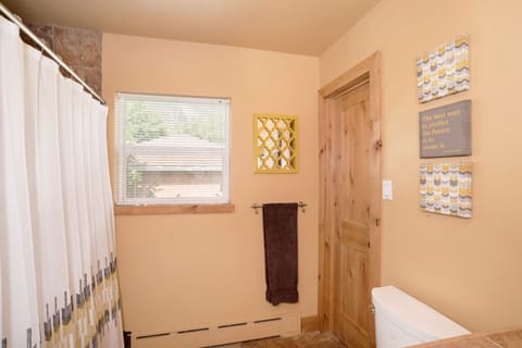 Combined shower/tub, hair dryer, towels, soap