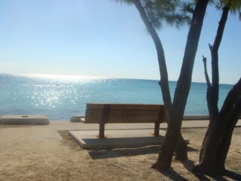 On the beach, sun loungers, beach towels