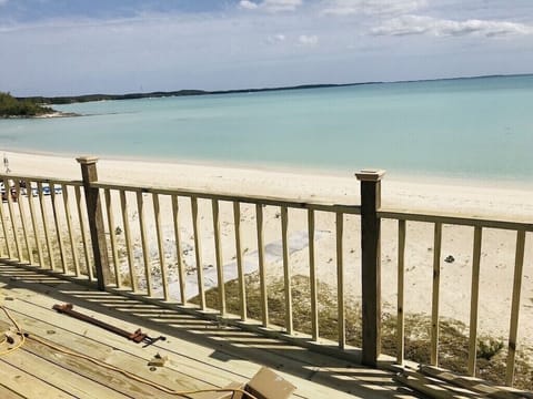 On the beach, sun loungers