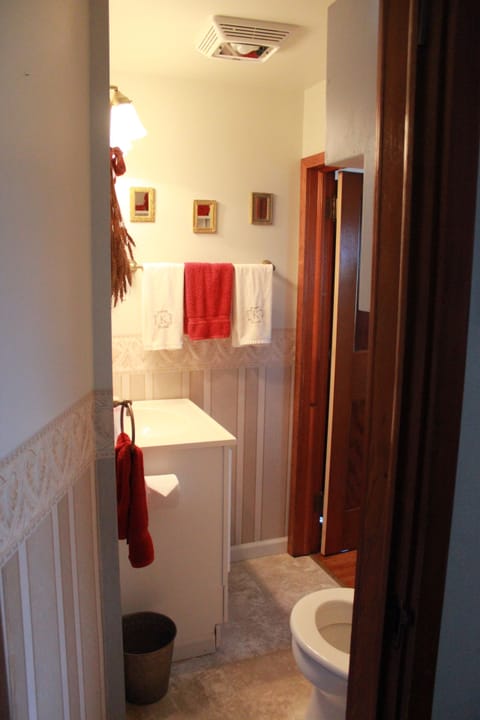 Combined shower/tub, hair dryer, towels, soap