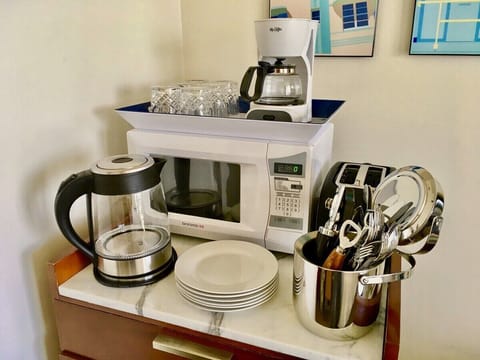 Fridge, microwave, coffee/tea maker, electric kettle