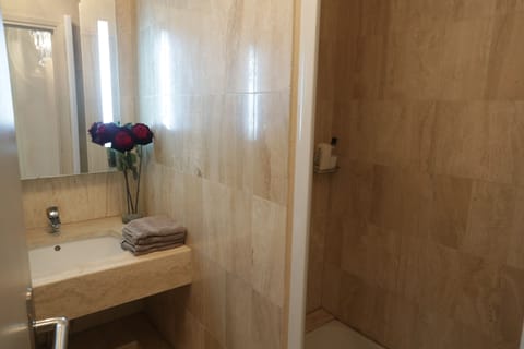 Combined shower/tub, hair dryer, towels