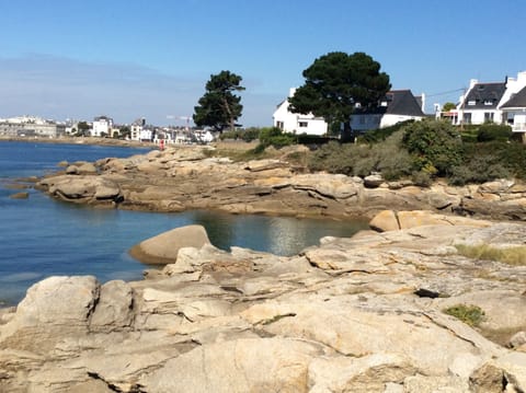 On the beach, sun loungers