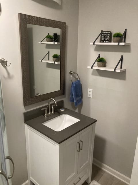 Combined shower/tub, hair dryer, towels