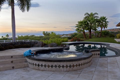 A heated pool, pool umbrellas