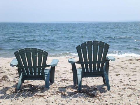 On the beach, sun loungers