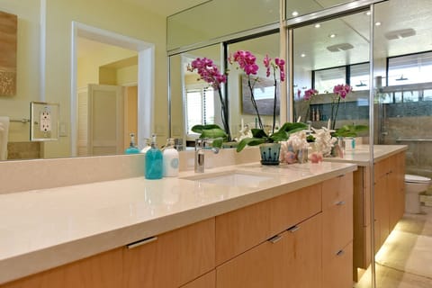 Masterbath with quartz counters - mirrored closet contains beach gear