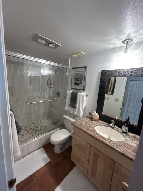 Jetted tub, hair dryer, heated floors, towels