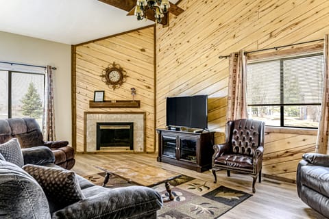 TV, fireplace, books