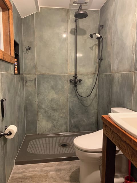 Combined shower/tub, hair dryer, towels, soap