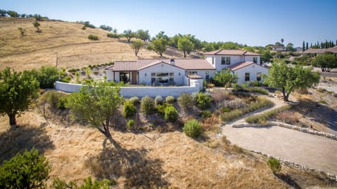A beautiful Spanish style modern home surrounded by drought tolerant landscaping