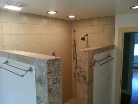 Combined shower/tub, hair dryer, bidet, towels