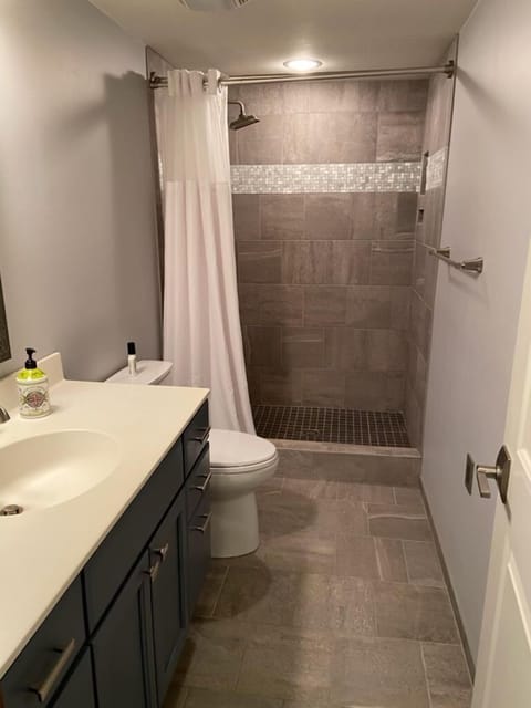 Combined shower/tub, hair dryer, towels, soap