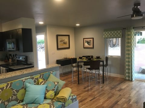 Kitchen, dining, and living area