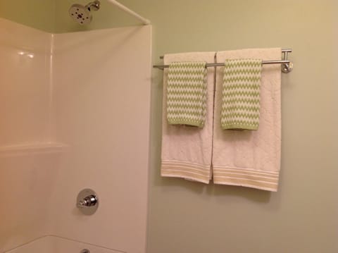 Combined shower/tub, hair dryer, towels, soap