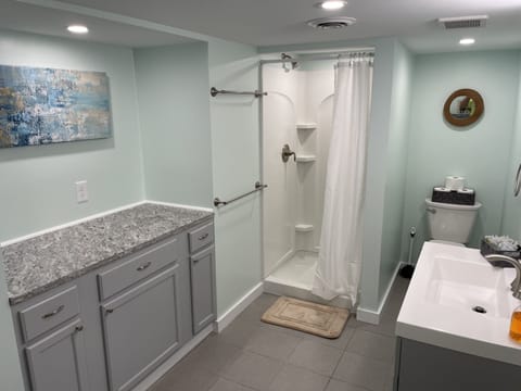 Combined shower/tub, hair dryer, towels, shampoo