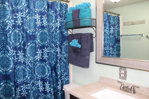 Combined shower/tub, towels, toilet paper