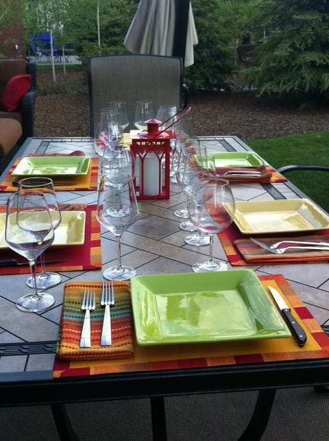 Patio table set for dinner