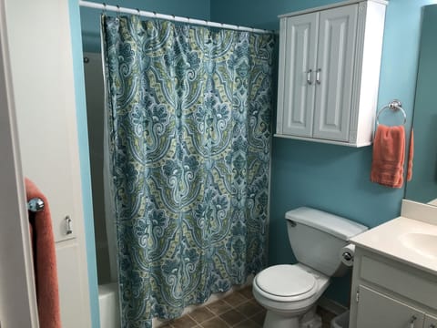 Combined shower/tub, hair dryer, towels, soap