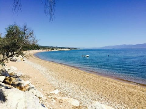 On the beach, sun loungers, beach towels