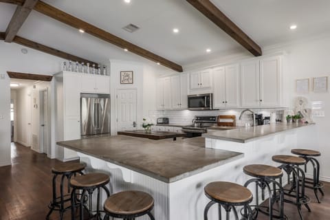 Spacious kitchen with open floor plan and lake views