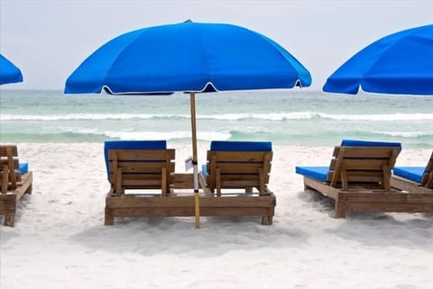 On the beach, sun loungers