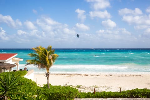 On the beach, sun loungers