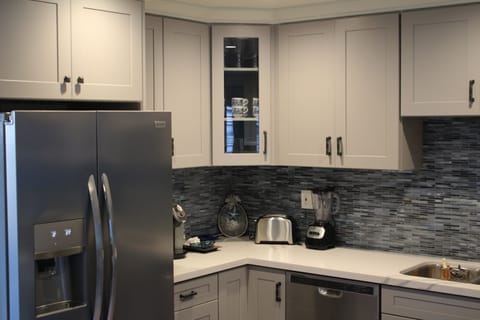 Brand new refrigerator with filtered cold water and ice cubes