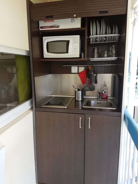 Fridge, microwave, stovetop, coffee/tea maker