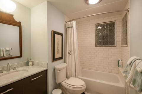 Combined shower/tub, hair dryer, towels, soap