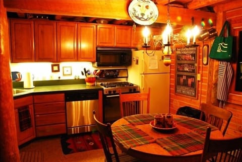 Kitchen view, gas stove, dishwasher, fridge and storage.