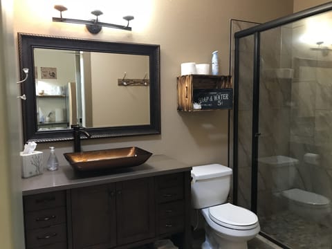 Roomy Rustic bathroom with rain shower