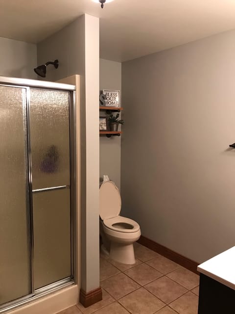 Combined shower/tub, hair dryer, towels, soap