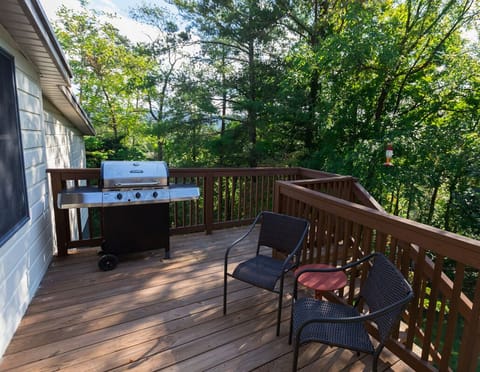Large deck with grill overlooking the lake - gated steps lead to fenced backyard