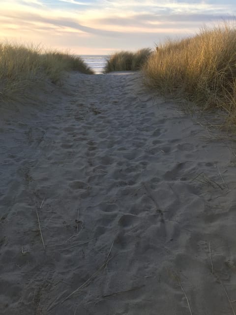 On the beach, sun loungers, beach towels