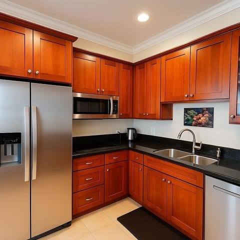 Fully equipped gourmet kitchen with quality appliances and granite countertops.
