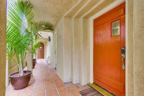 Beautiful terra cotta walkway lined with palms extends the length of the house.