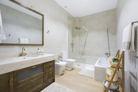 Combined shower/tub, hair dryer, bidet, towels