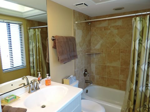 Combined shower/tub, hair dryer, towels, soap