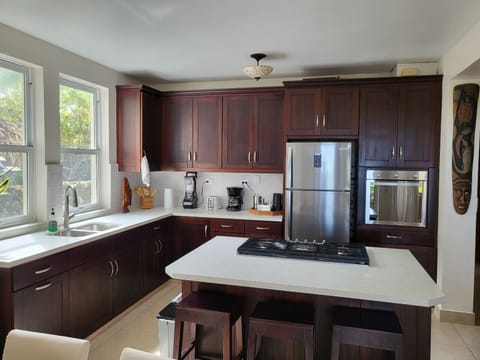 Updated Kitchen with stainless appliances, quartz counters, & mahogany cabinets
