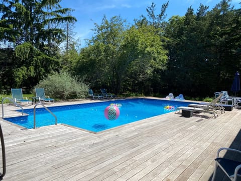 heated in deck pool, plenty of floats and pool toys