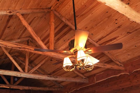 Exposed cedar beams throughout the cabin