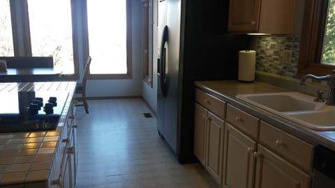 Large kitchen with city view