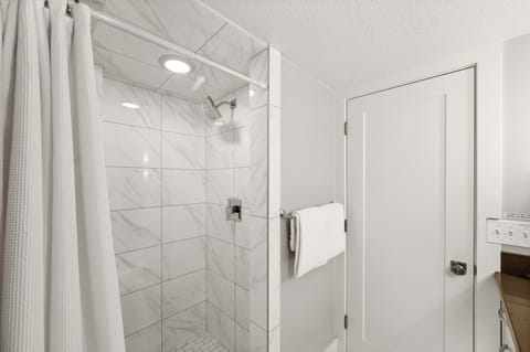 Combined shower/tub, hair dryer, towels, soap