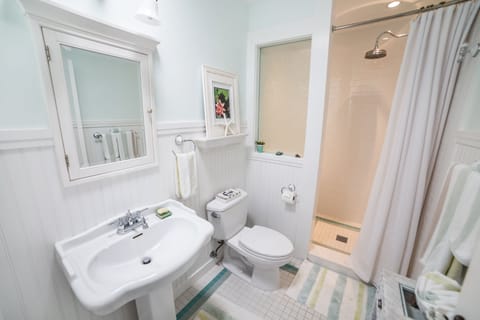 Combined shower/tub, hair dryer, towels, toilet paper