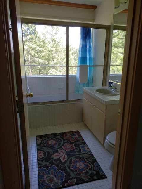 Combined shower/tub, hair dryer, towels