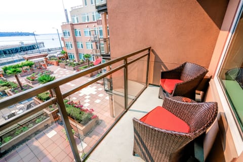 Private balcony with waterfront view. 